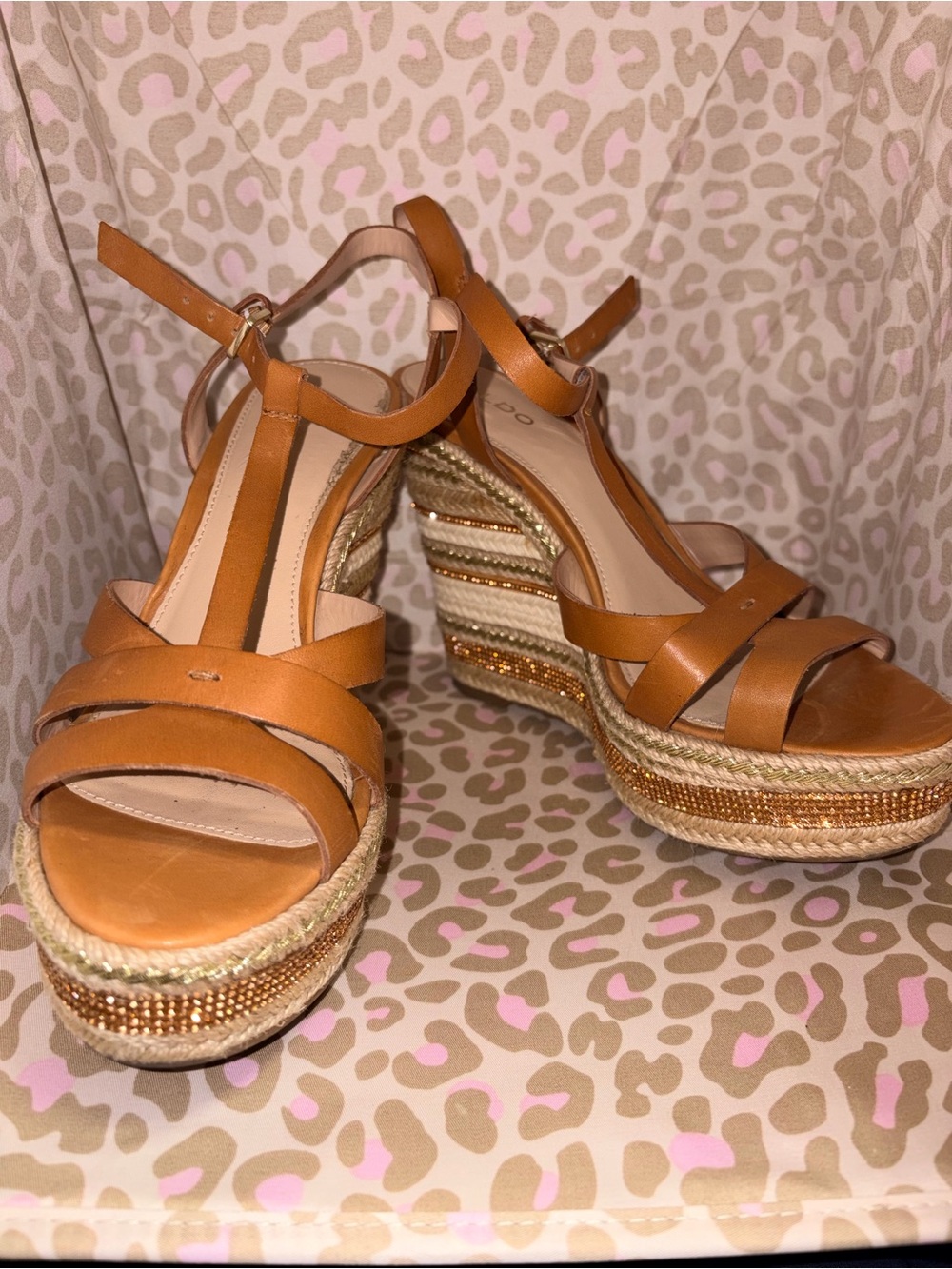Aldo Tan Leather Platform Espadrille Wedge Sandals
